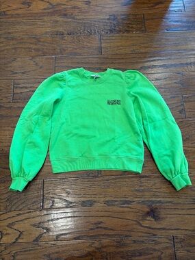 Ganni Neon Green Puff-Sleeve Crewneck Sweater